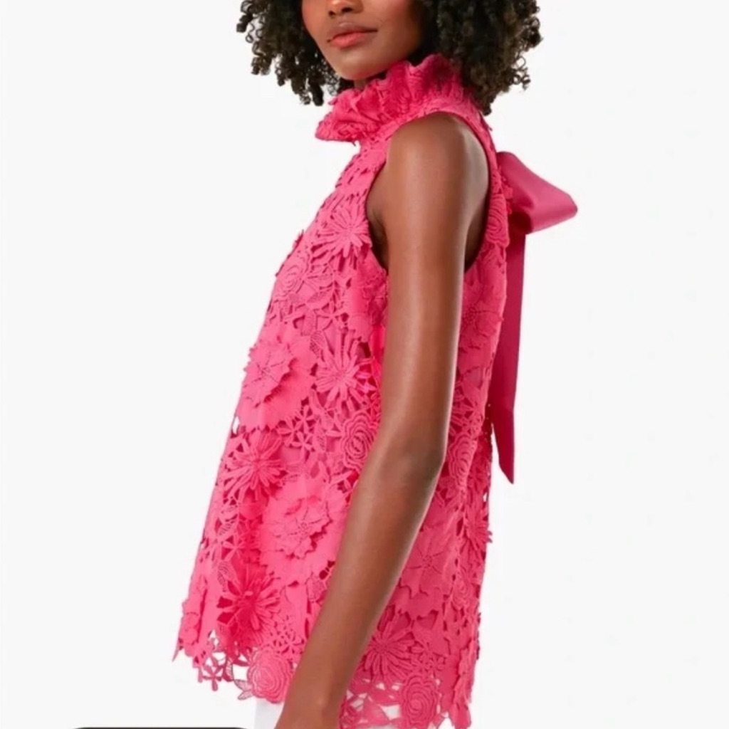 Tuckernuck Lace Top Ruffle Neck Bow Back S Pink Womens Sleeveless Floral Blouse